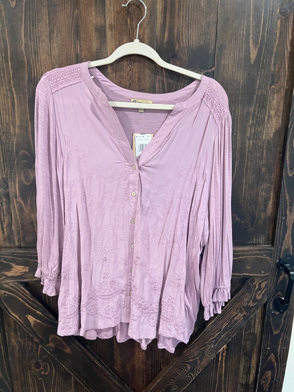 Democracy Light Mauve Lace-Detail Button Front Women’s Top